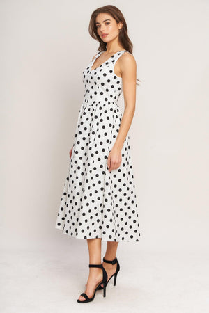 VINTAGE WHISPER POLKA WOVEN MIDI DRESS.