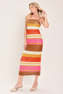 Woman wearing a colorful striped power mesh midi dress | Flying Tomato