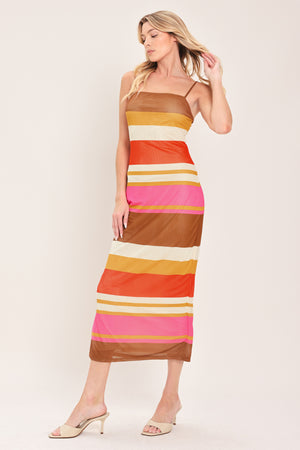 Woman wearing a colorful striped power mesh midi dress | Flying Tomato