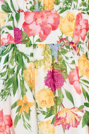 Close up of white floral midi dress | Flying Tomato
