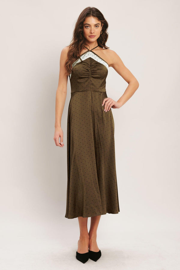 ESPRESSO CHIC WOVEN SATIN MIDI DRESS.
