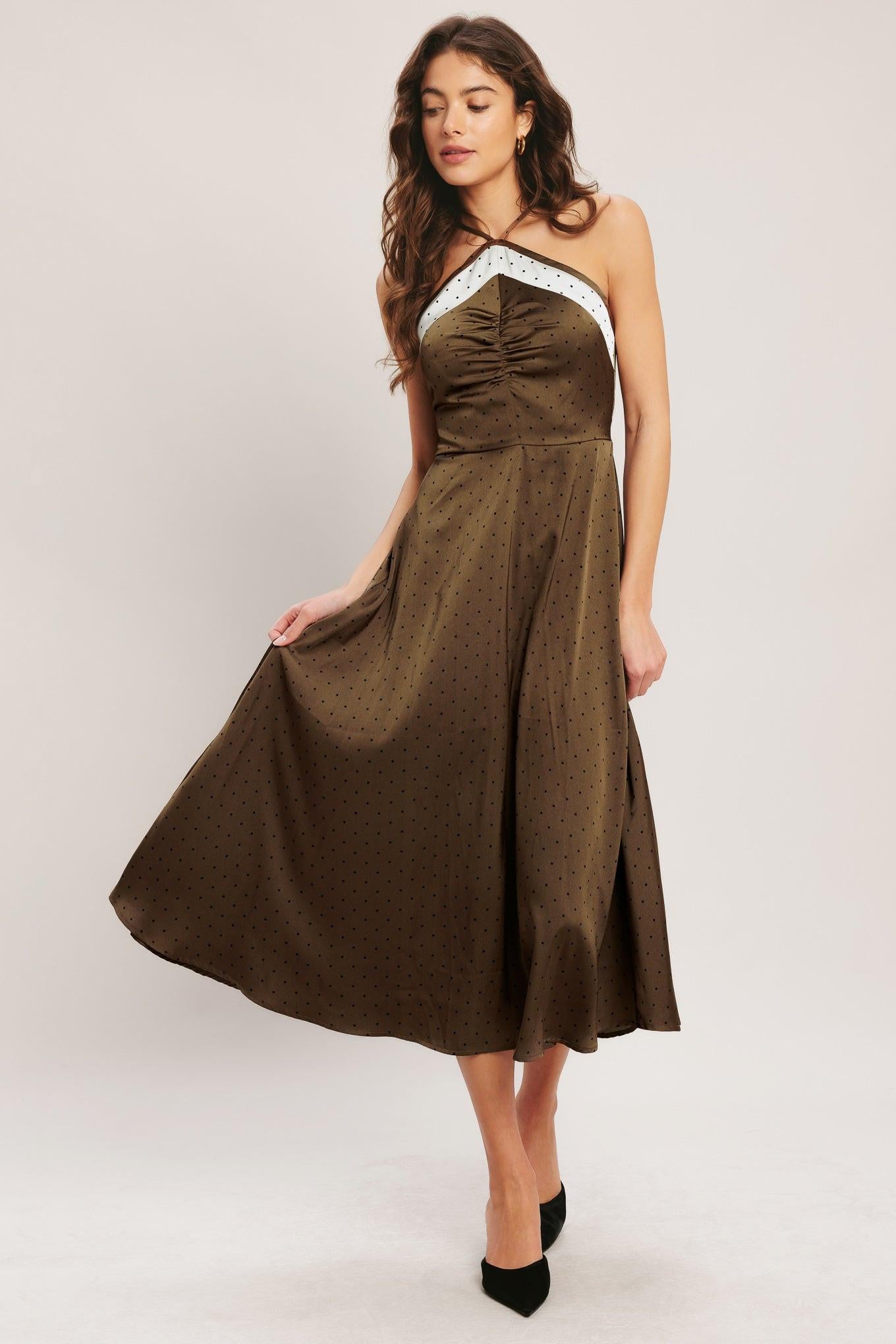 ESPRESSO CHIC WOVEN SATIN MIDI DRESS l FLYING TOMATO Flying Tomato ESPRESSO CHIC WOVEN SATIN MIDI DRESS l FLYING TOMATO Flying Tomato