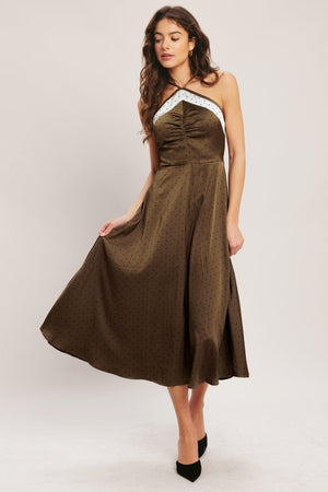 ESPRESSO CHIC WOVEN SATIN MIDI DRESS.