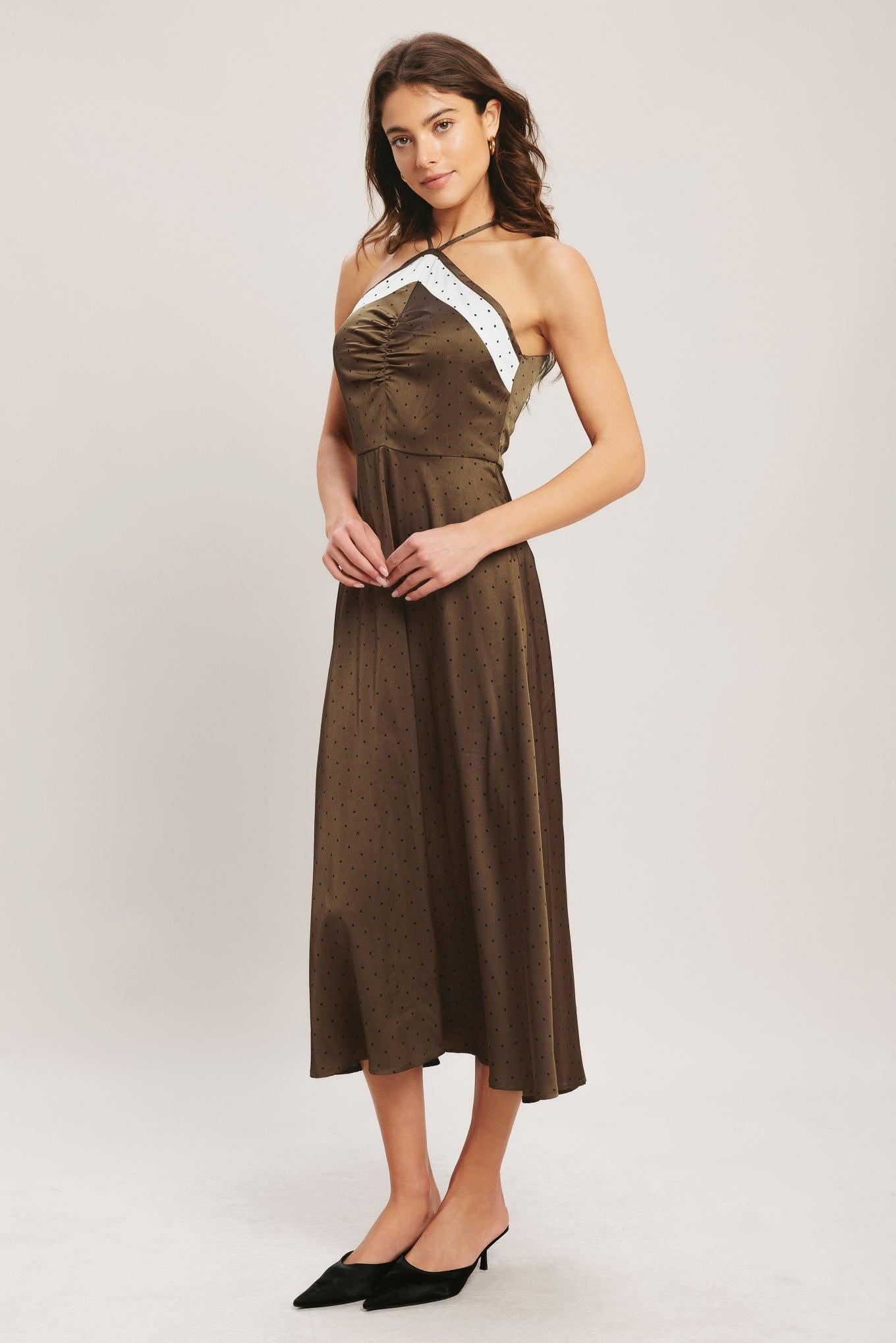 ESPRESSO CHIC WOVEN SATIN MIDI DRESS l FLYING TOMATO Flying Tomato ESPRESSO CHIC WOVEN SATIN MIDI DRESS l FLYING TOMATO Flying Tomato