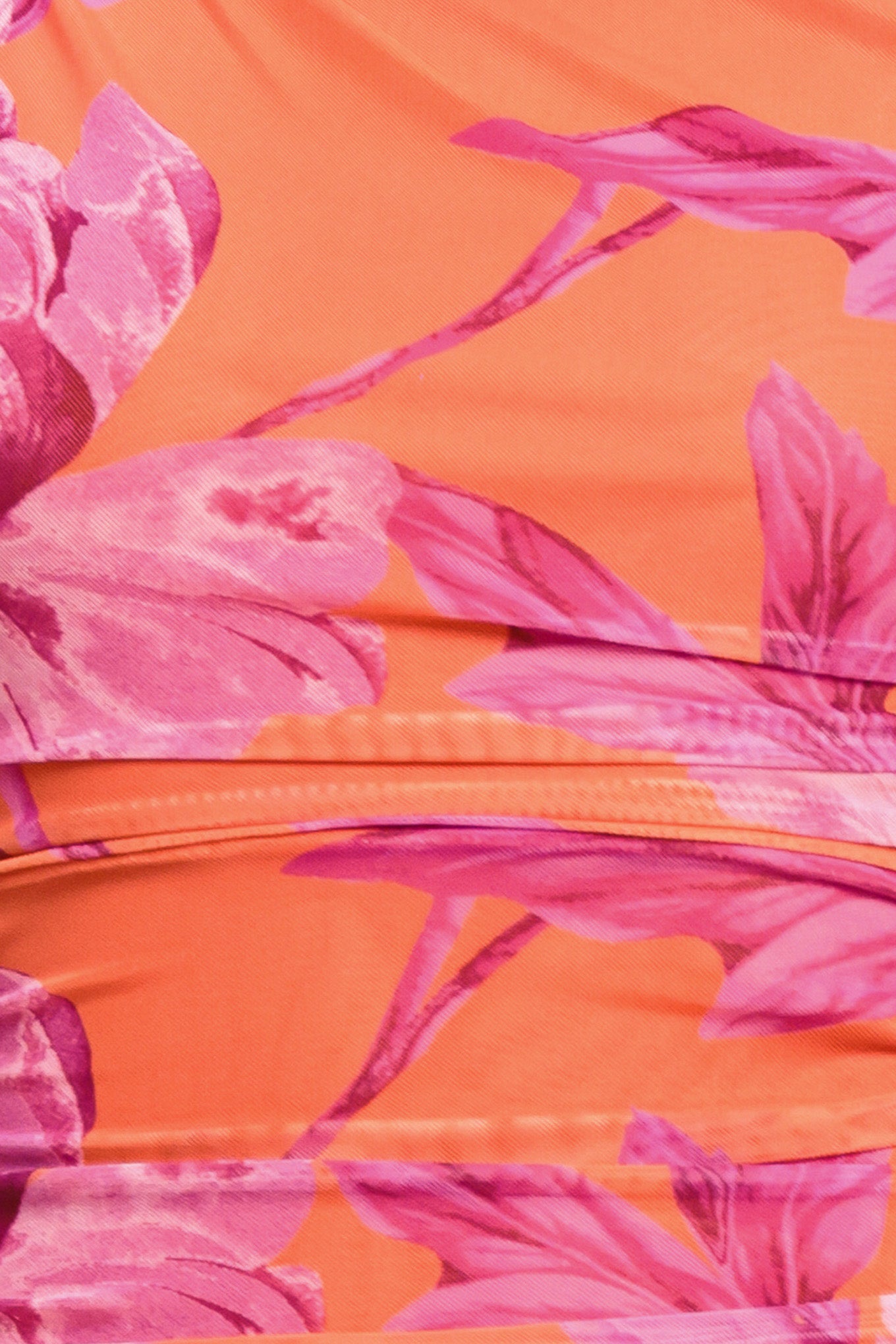 Close up of an orange and pink floral printed power mesh midi dress | Flying Tomato