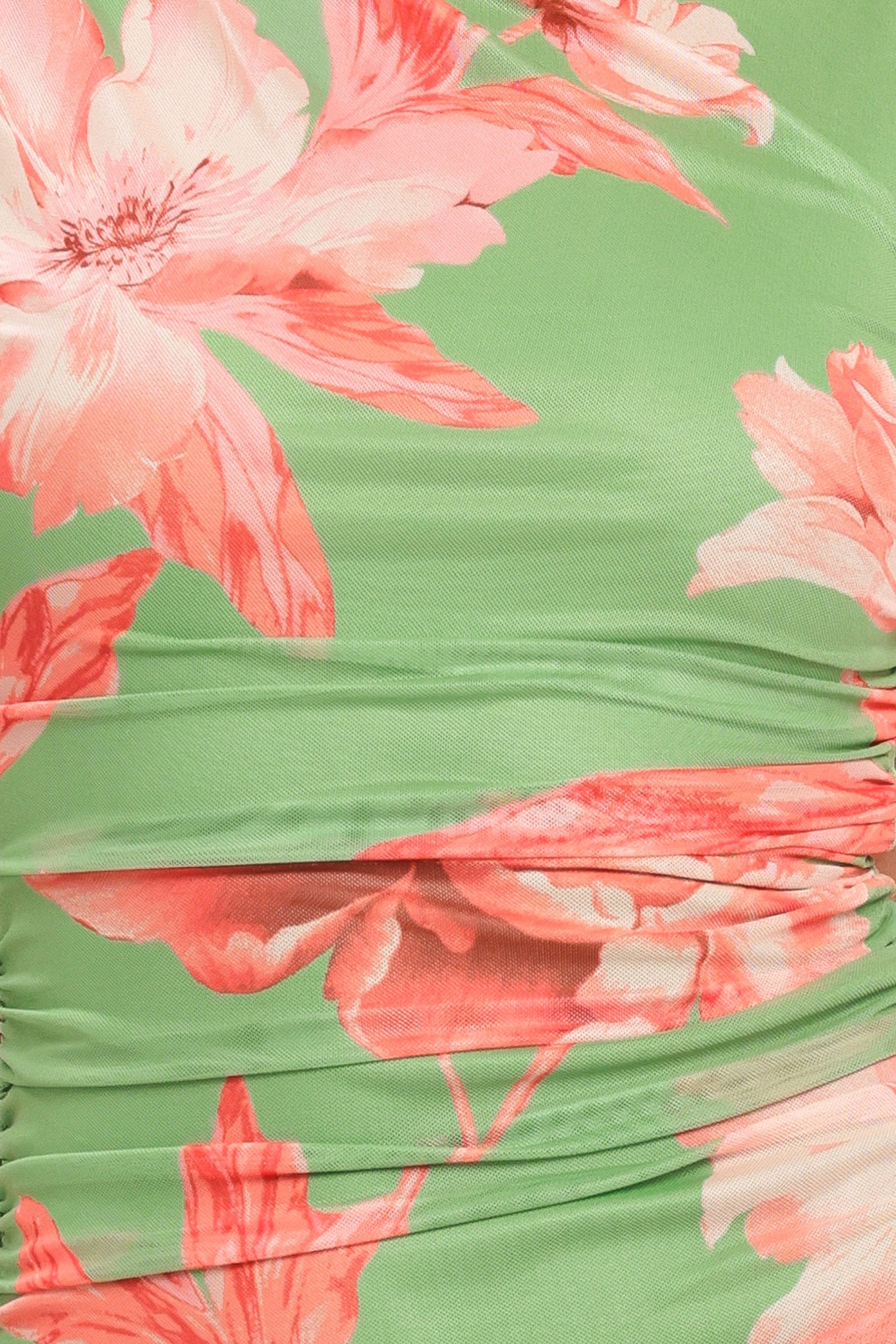 Close up of a sage green and pink floral printed power mesh midi dress | Flying Tomato