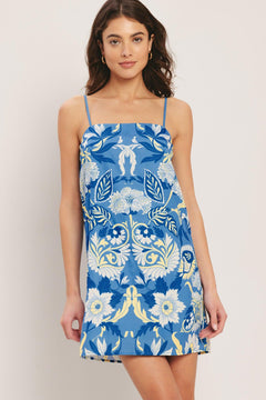 SANTORINI SKY WOVEN MINI SHIFT DRESS.