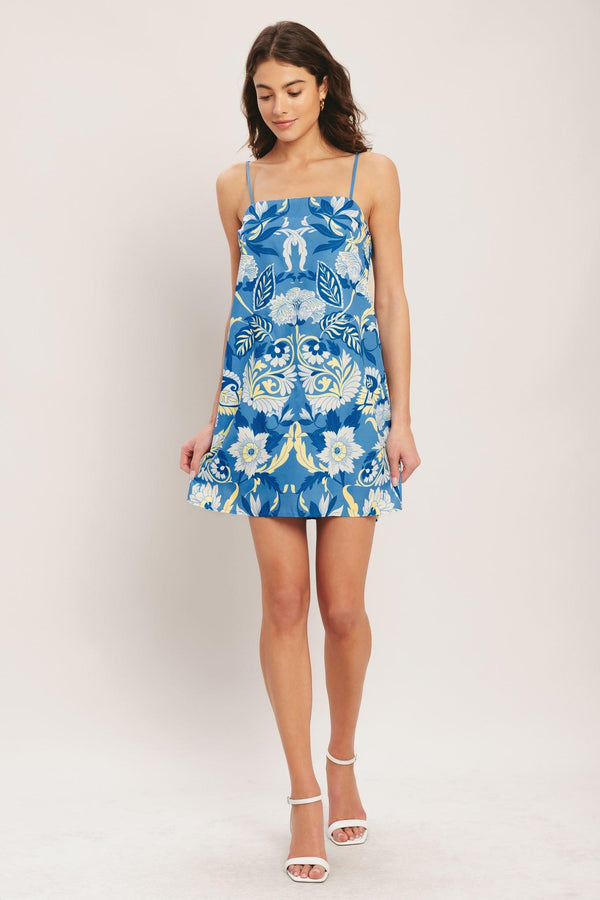 SANTORINI SKY WOVEN MINI SHIFT DRESS.