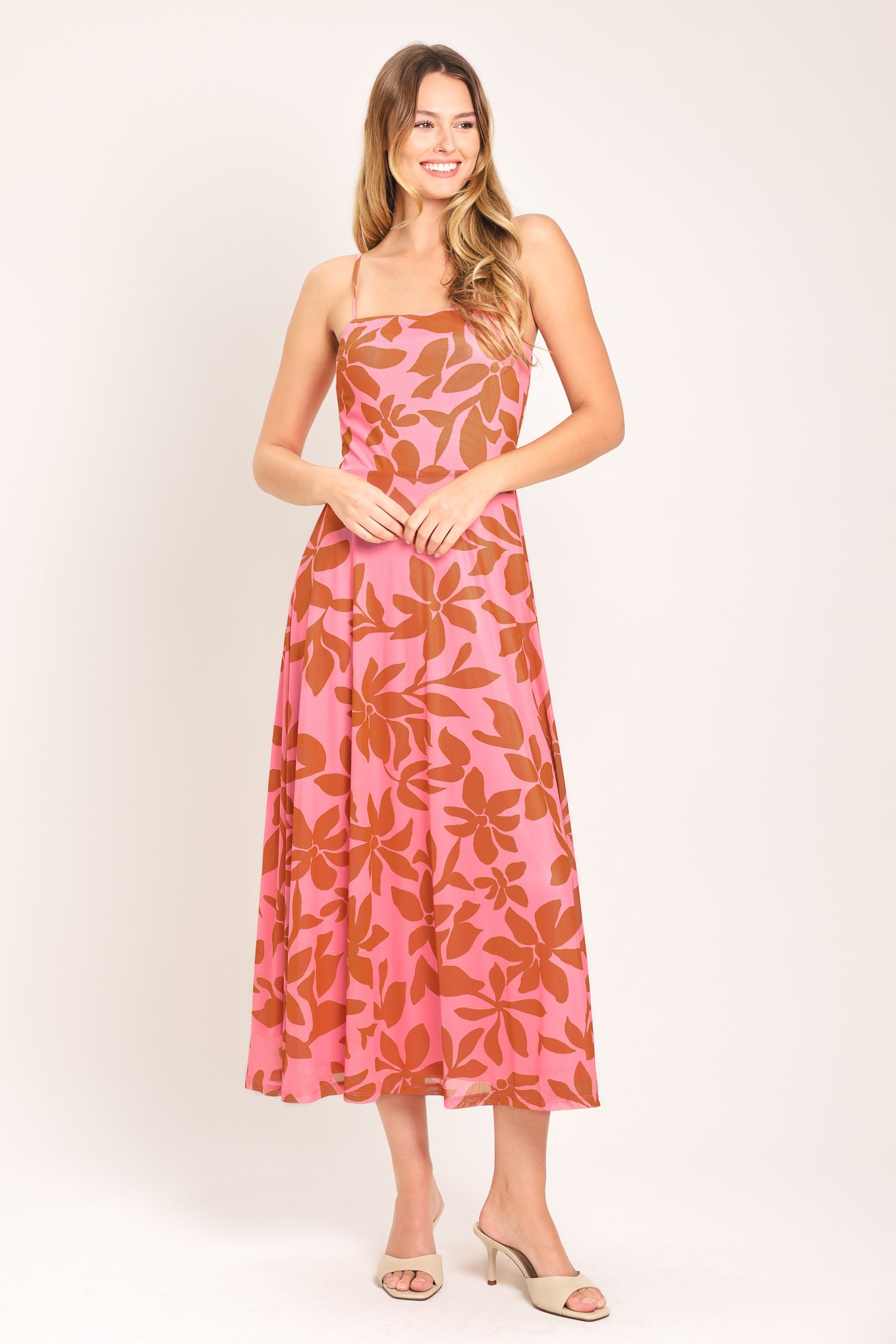 ROSY HAVEN POWER MESH MIDI DRESS.