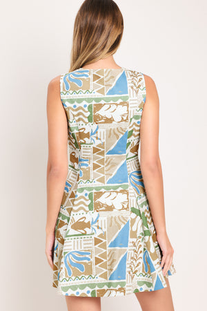 Woman wearing a patterned mini dress featuring V neckline, sleeveless, front button closure and circle skirt | Flying Tomato