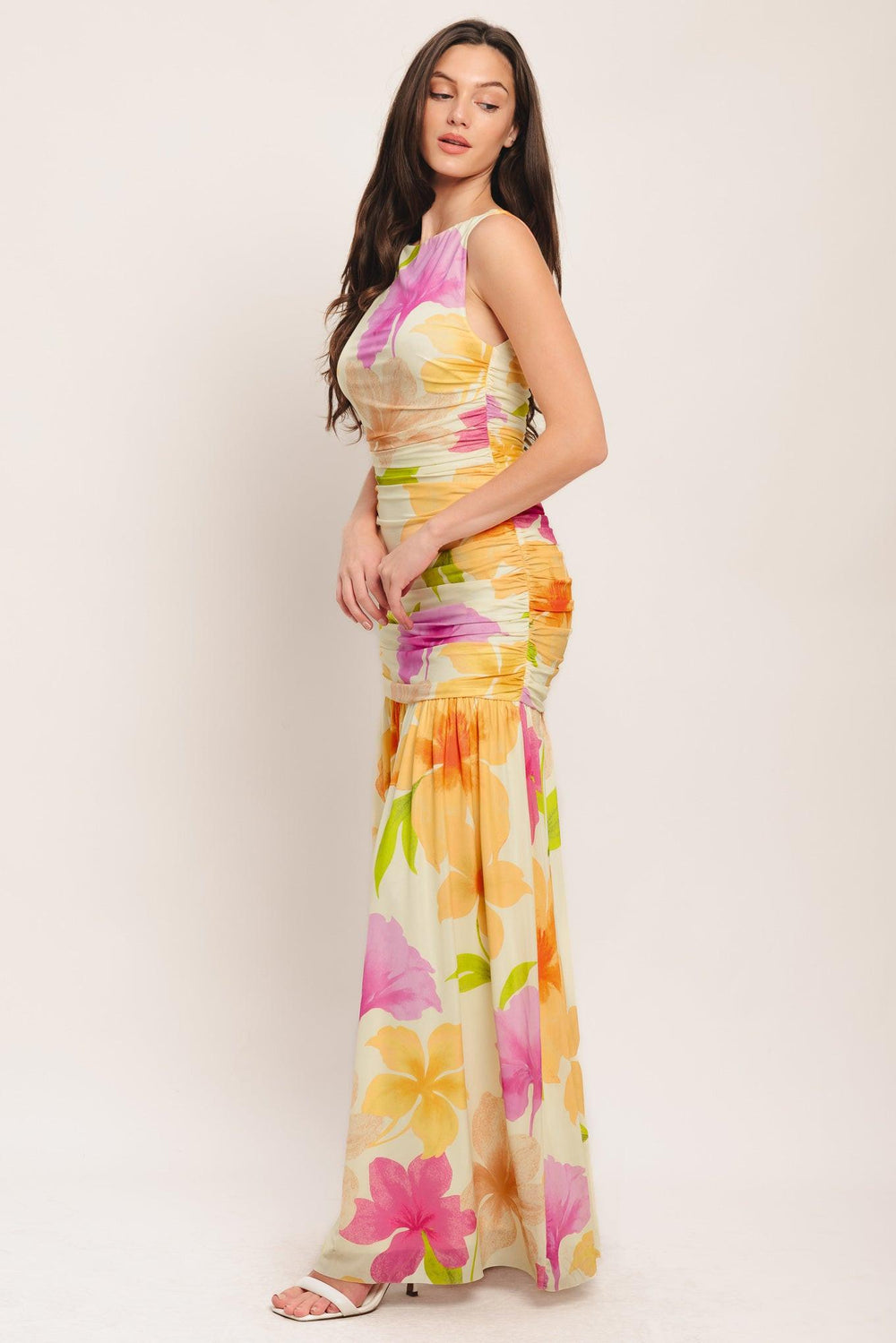 
A printed power mesh maxi dress featuring wide neckline, sleeveless, side shirring and back zipper closure

Details:

Self : 95% Polyester 5% Spandex
Lining : 100% Polyester

Size &amp; Fit

- Model is 5`8" And Wearing Size Small
- Measurements Taken From Size Small
- Approx. Length: 60"
