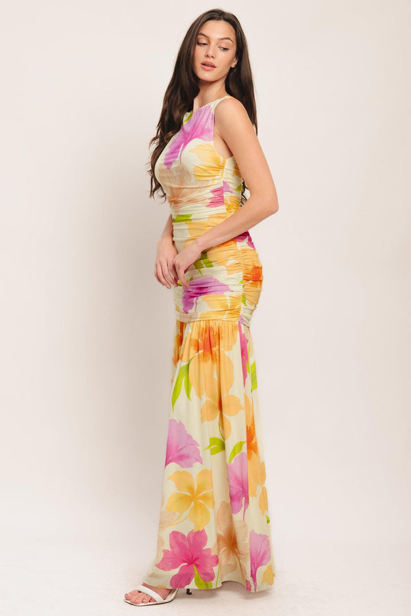 
A printed power mesh maxi dress featuring wide neckline, sleeveless, side shirring and back zipper closure

Details:

Self : 95% Polyester 5% Spandex
Lining : 100% Polyester

Size &amp; Fit

- Model is 5`8" And Wearing Size Small
- Measurements Taken From Size Small
- Approx. Length: 60"