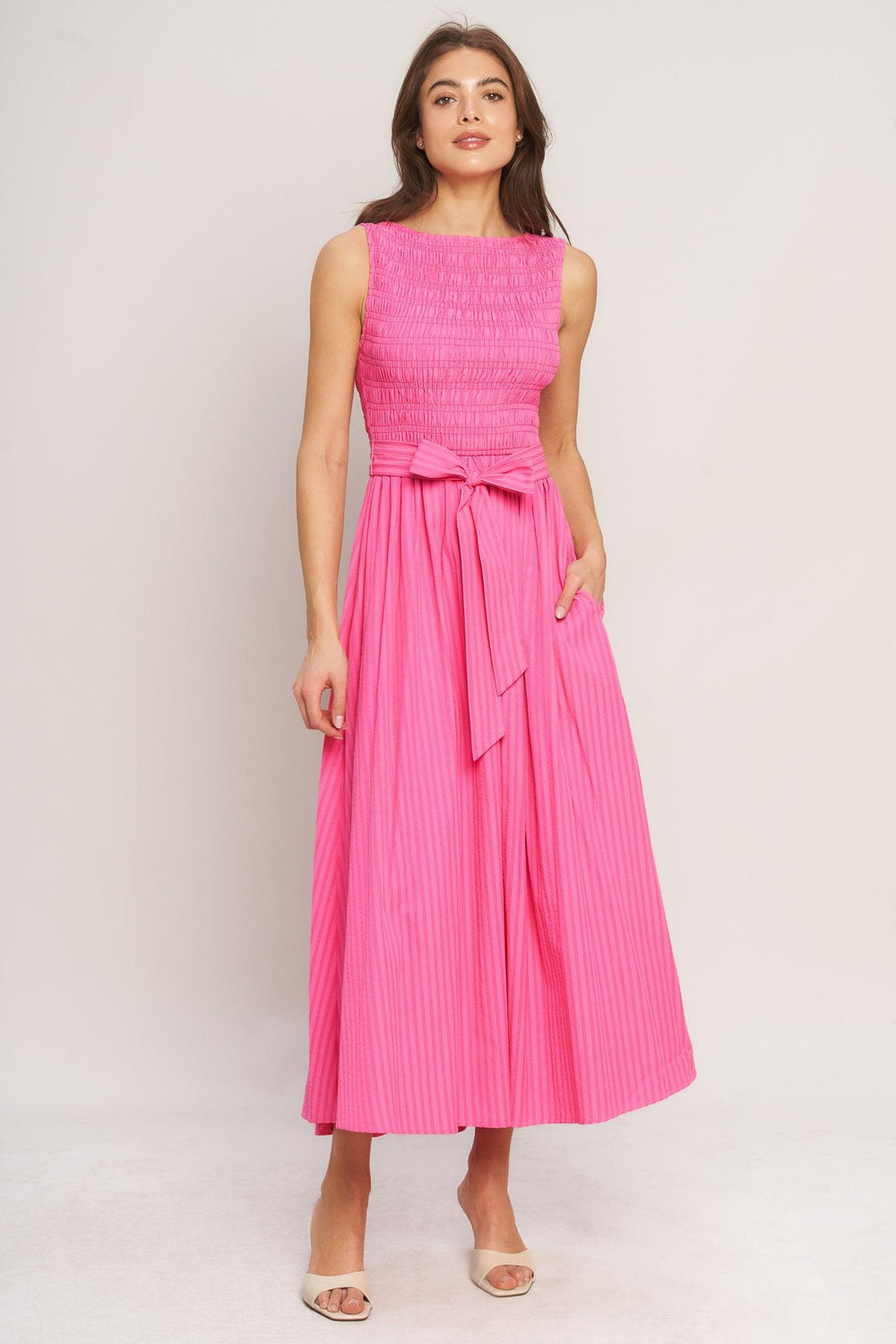 PINK RADIANCE WOVEN MIDI DRESS.