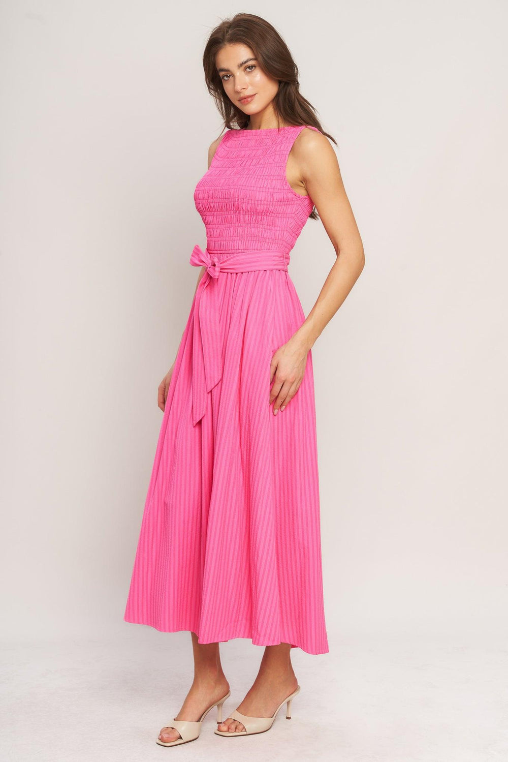 PINK RADIANCE WOVEN MIDI DRESS.