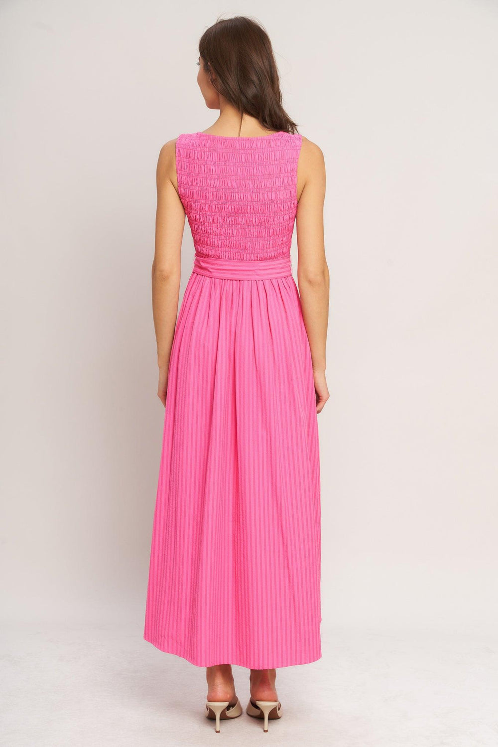 PINK RADIANCE WOVEN MIDI DRESS.