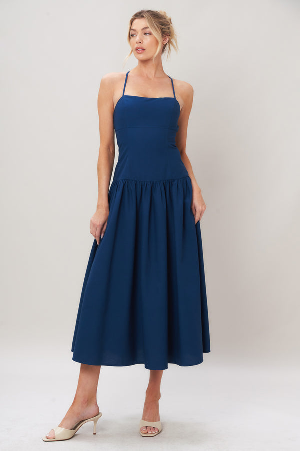 REFINED FLOW WOVEN MIDI DRESS.