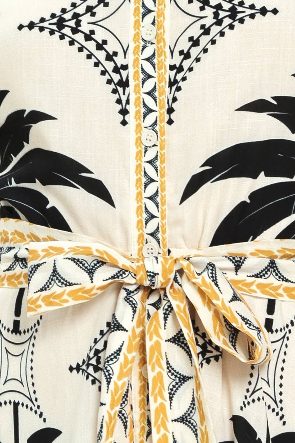 Close up of a black and white palm patterned shirt midi dress with short sleeve and self sash tie | Flying Tomato