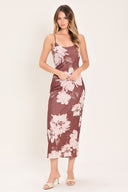 Woman wearing a dark mauve (red-bean tone) floral power mesh midi dress  | Flying Tomato