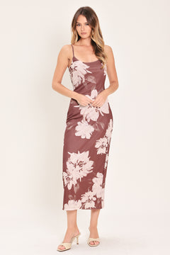 Woman wearing a dark mauve (red-bean tone) floral power mesh midi dress  | Flying Tomato