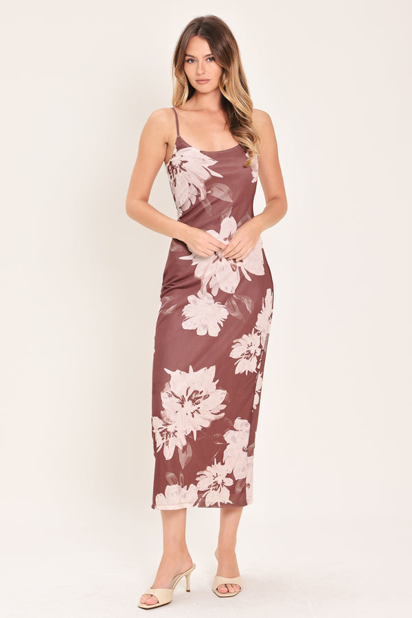 Woman wearing a dark mauve (red-bean tone) floral power mesh midi dress  | Flying Tomato
