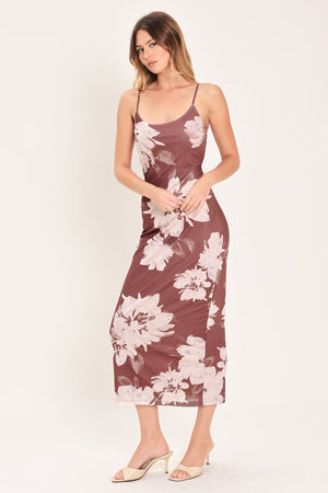 Woman wearing a dark mauve (red-bean tone) floral power mesh midi dress  | Flying Tomato