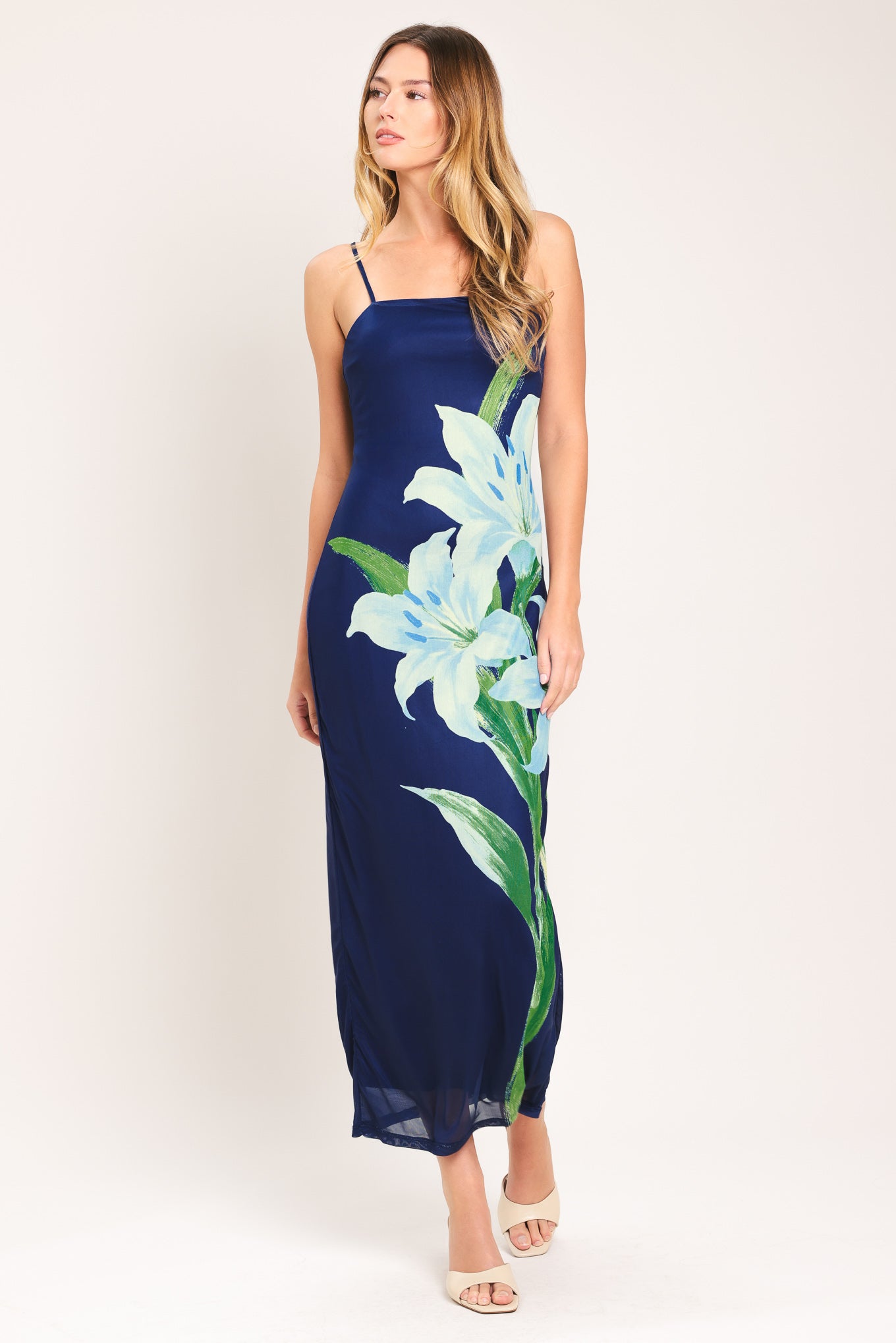 DEEP BLOOM POWER MESH MIDI DRESS.