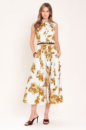 Woman wearing a sleeveless ivory midi dress with brown floral print featuring collar, front button down, contrasting belt and circle skirt | Flying Tomato