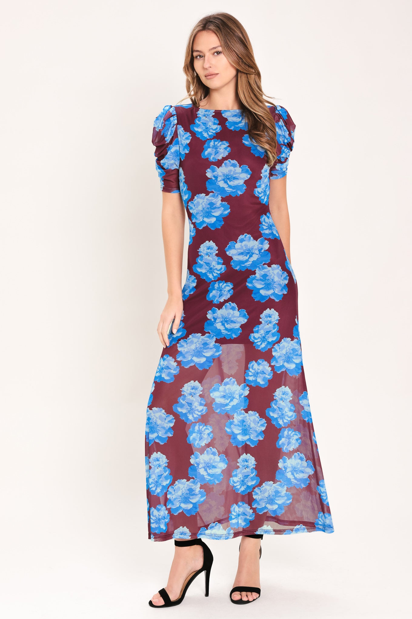 Woman wearing a wine power mesh midi dress with blue flowers | Flying Tomato