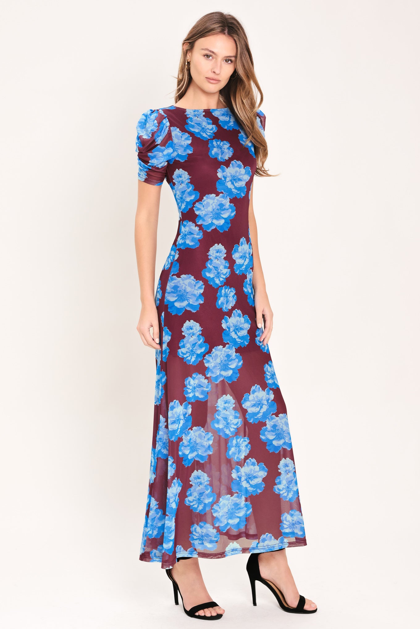 Woman wearing a wine power mesh midi dress with blue flowers | Flying Tomato