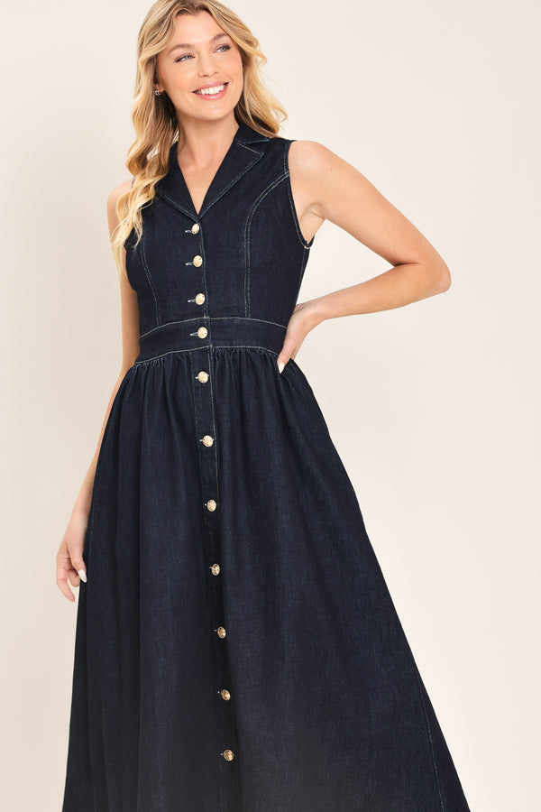 Woman wearing a black sleeveless dark denim midi dress featuring collar, sleeveless, button down and full skirt | Flying Tomato
