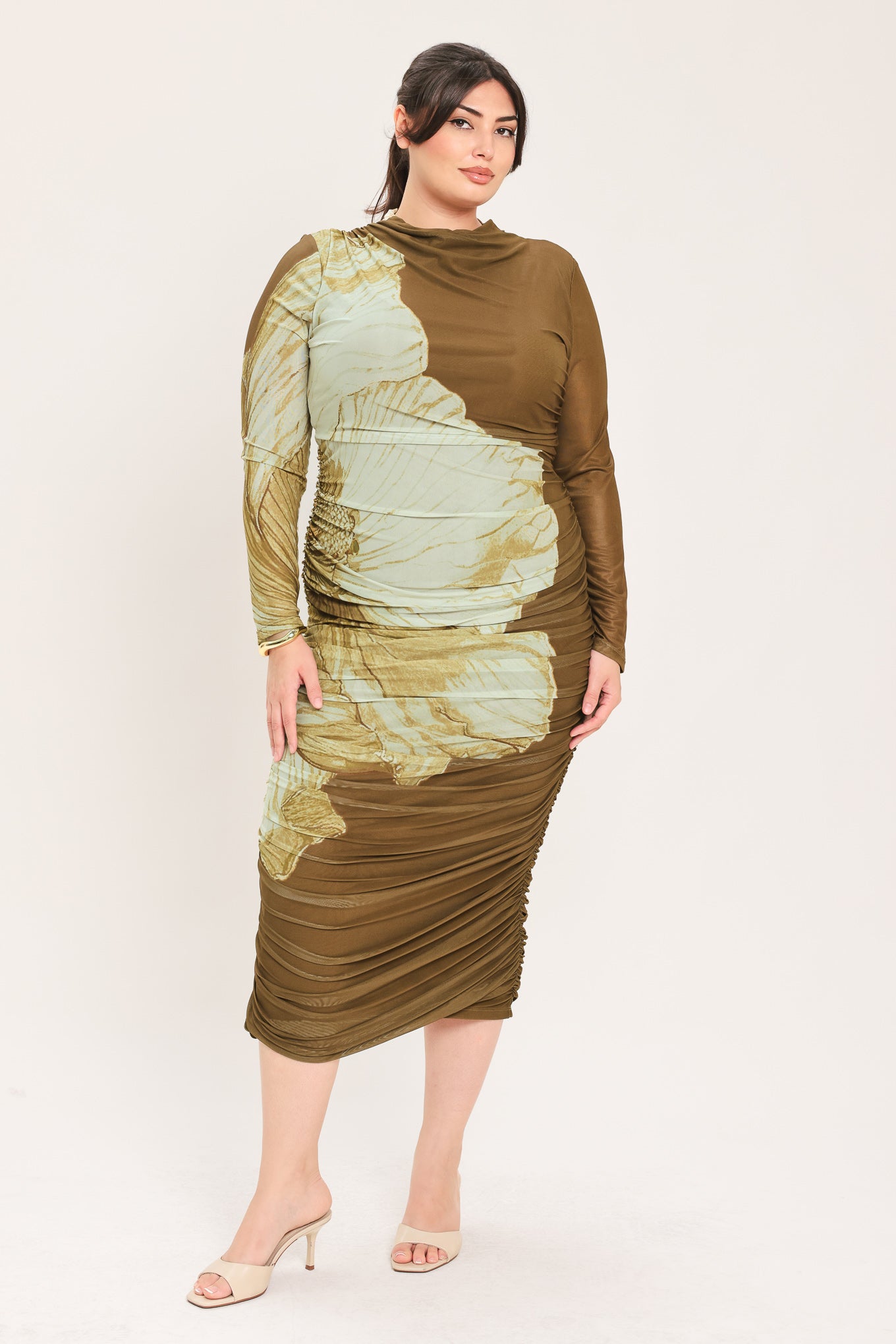 [PREORDER] BROWN BLOSSOM CONTOUR POWER MESH MIDI DRESS
