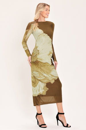 A woman models a long-sleeve midi dress with a brown base and a large beige floral print | Flying Tomato