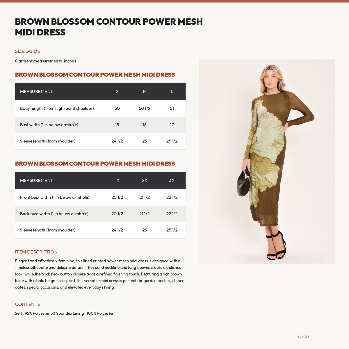 BROWN BLOSSOM CONTOUR POWER MESH MIDI DRESS size chart