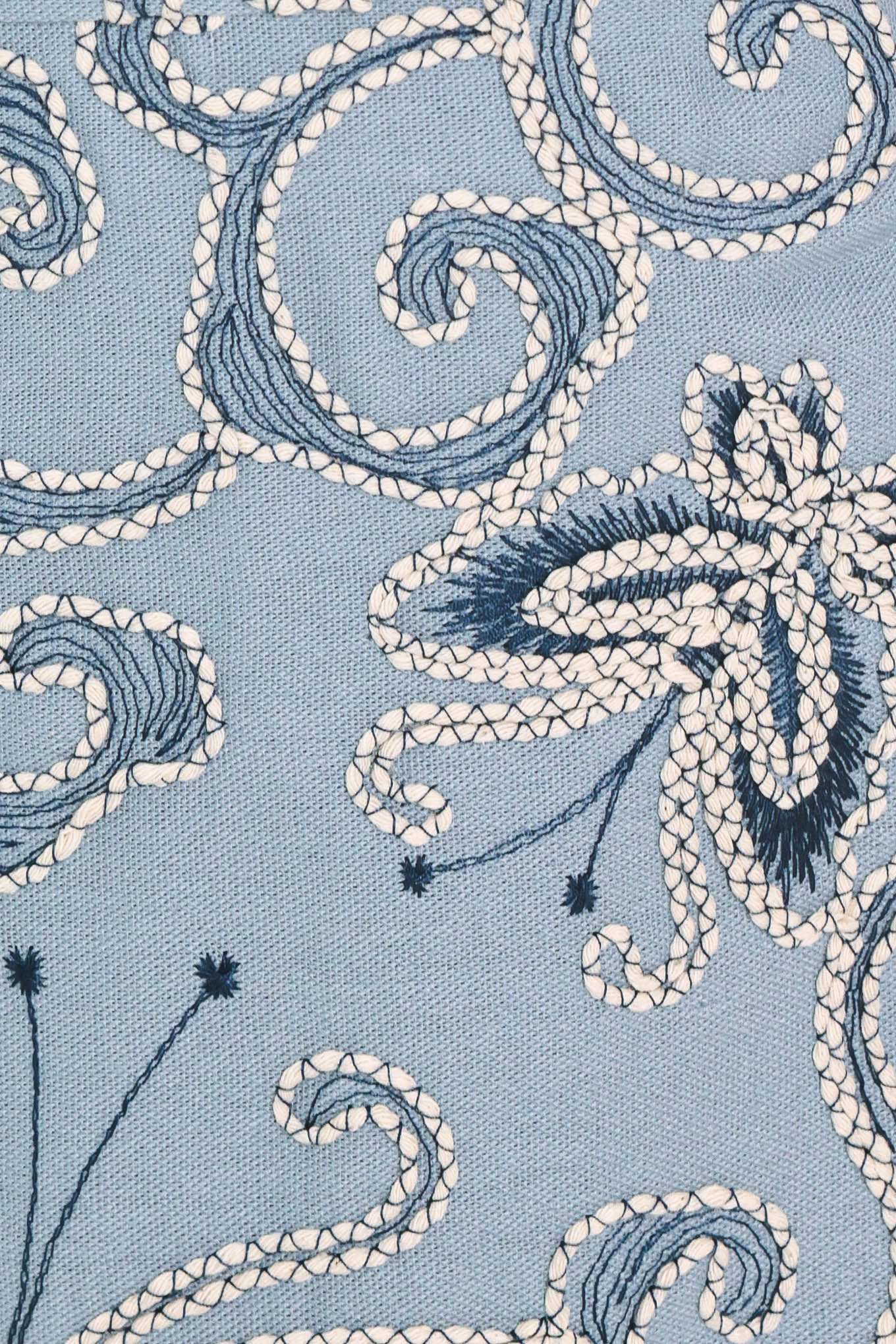 Close-up of embroidered fabric with blue and white floral patterns on a light blue fabric | Flying Tomato