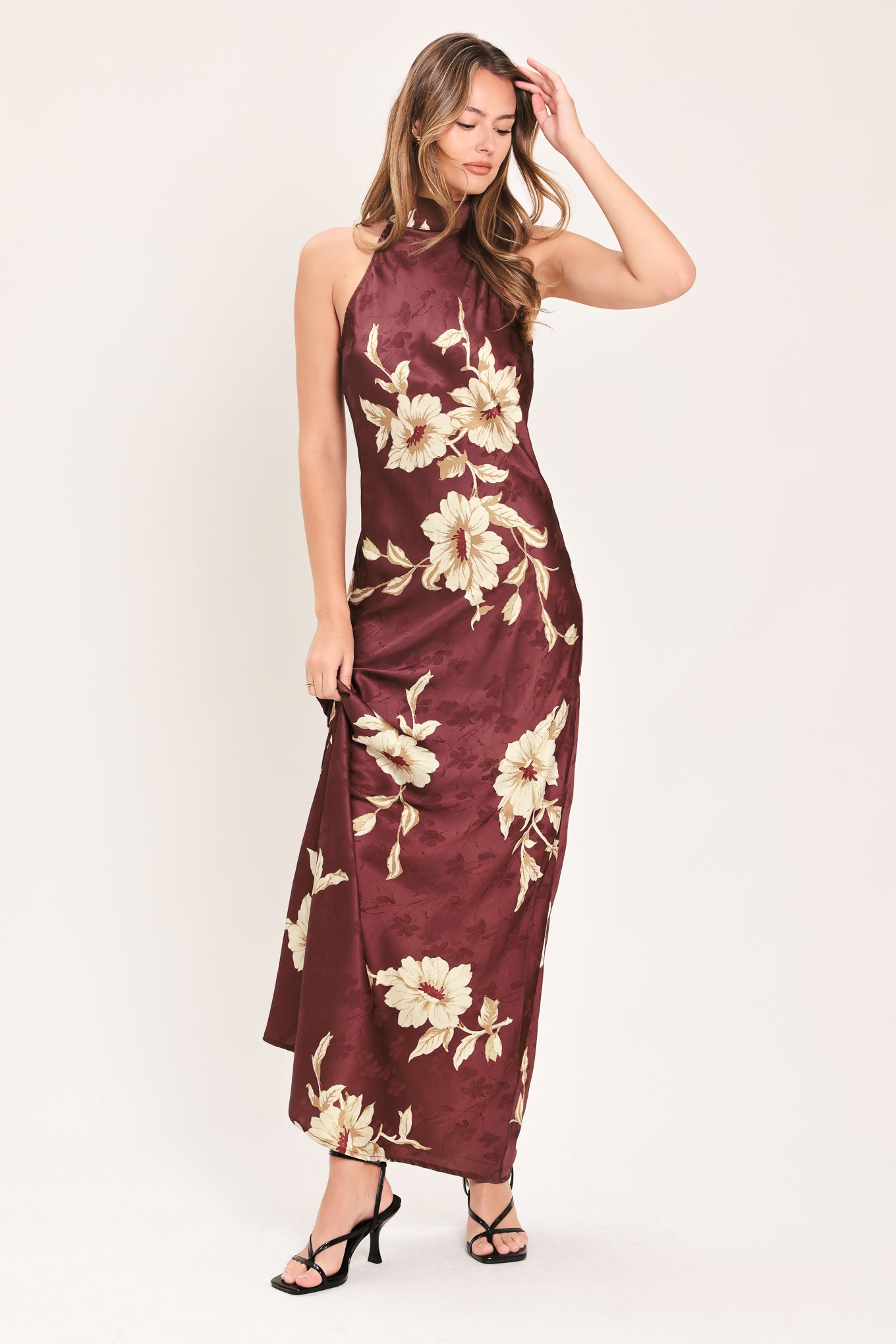 BORDEAUX IVORY BLOOM WOVEN MAXI DRESS