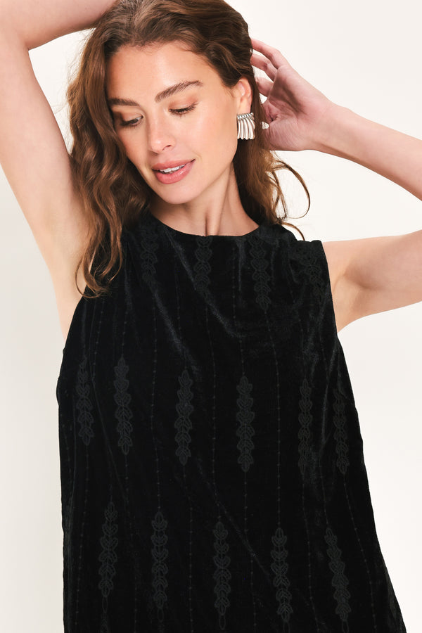 VELVET NOIR BLACK TEXTURED SLEEVELESS MINI DRESS