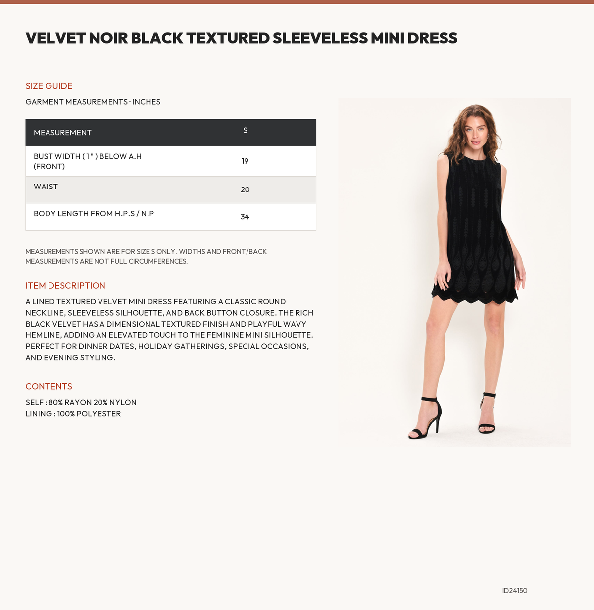 VELVET NOIR BLACK TEXTURED SLEEVELESS MINI DRESS size chart