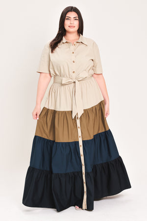Woman wearing a color-blocked midi dress with beige, brown, and navy | Flying Tomato Curve