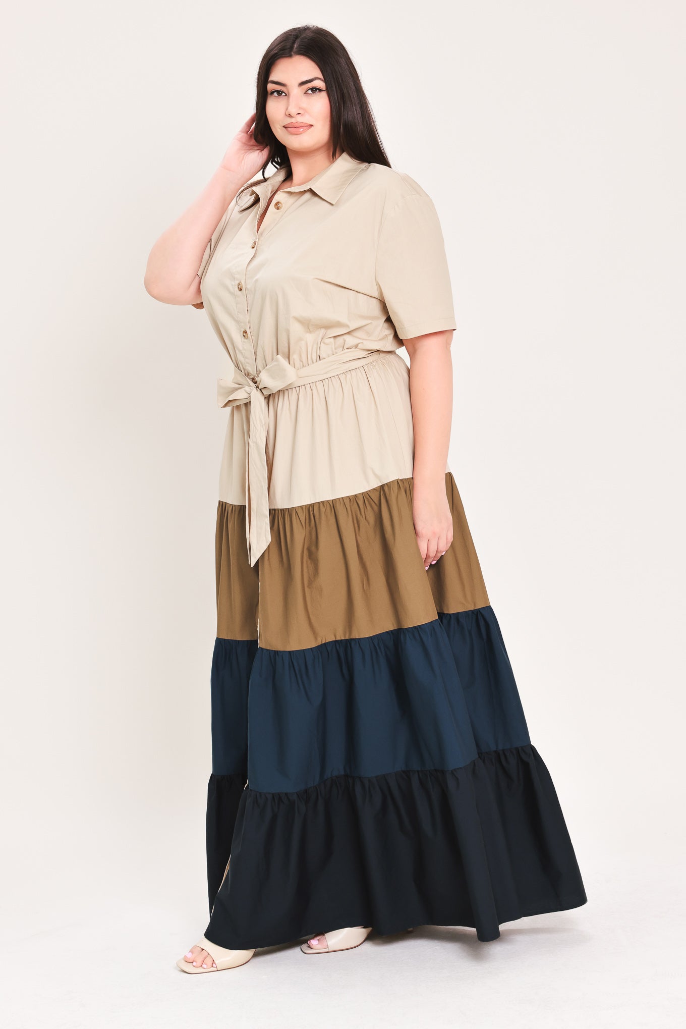 Woman wearing a color-blocked midi dress with beige, brown, and navy | Flying Tomato Curve
