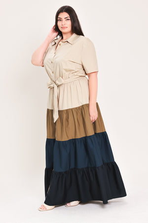 Woman wearing a color-blocked midi dress with beige, brown, and navy | Flying Tomato Curve
