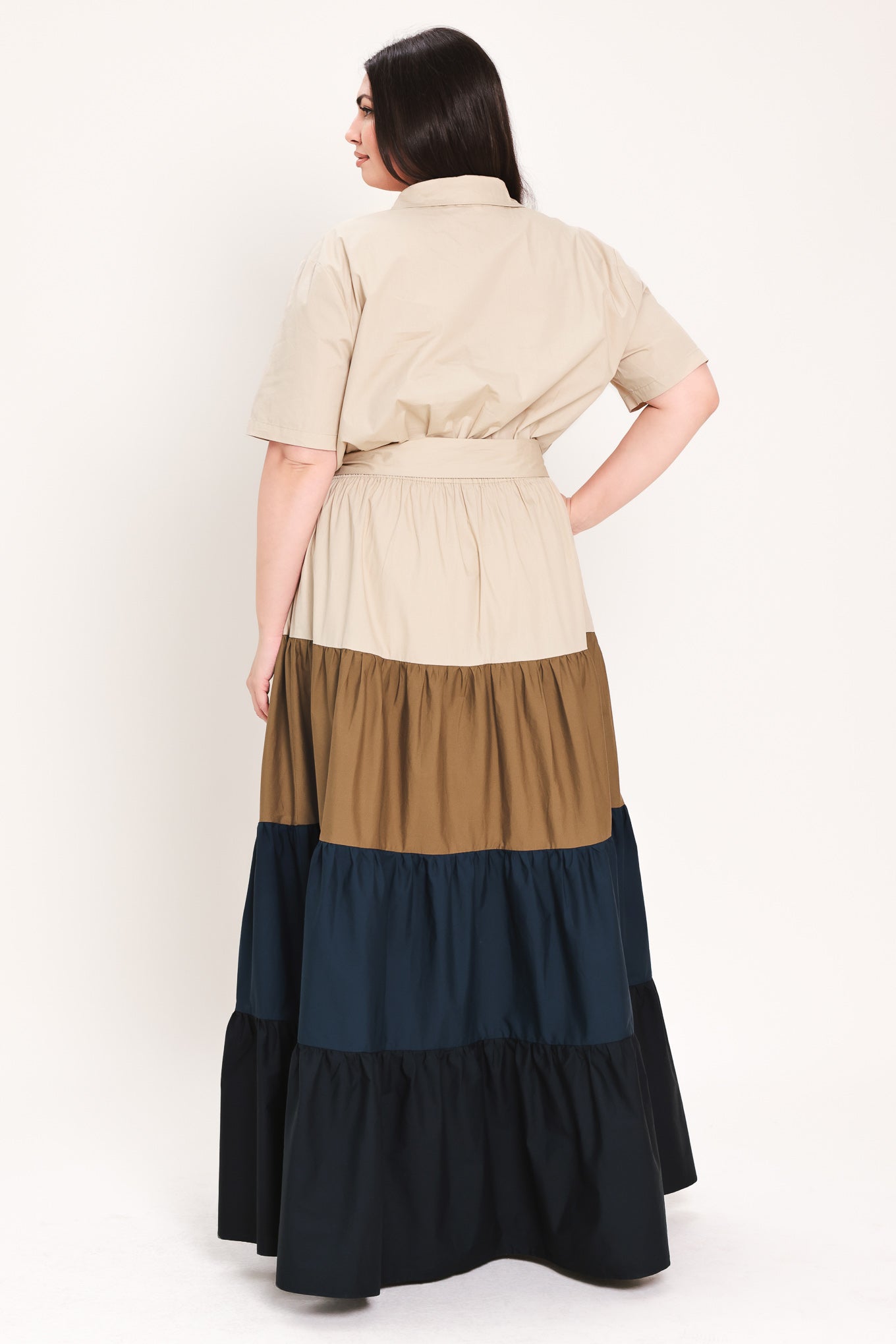 Woman wearing a color-blocked midi dress with beige, brown, and navy | Flying Tomato Curve