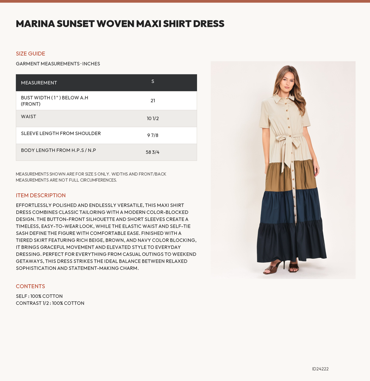 MARINA SUNSET WOVEN MAXI SHIRT DRESS size chart