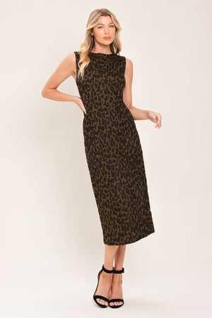 Woman wearing a brown and black leopard print twill midi dress with round neckline, sleeveless, back slit and zipper closure | Flying Tomato