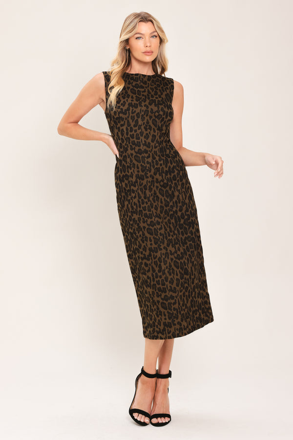 Woman wearing a brown and black leopard print twill midi dress with round neckline, sleeveless, back slit and zipper closure | Flying Tomato