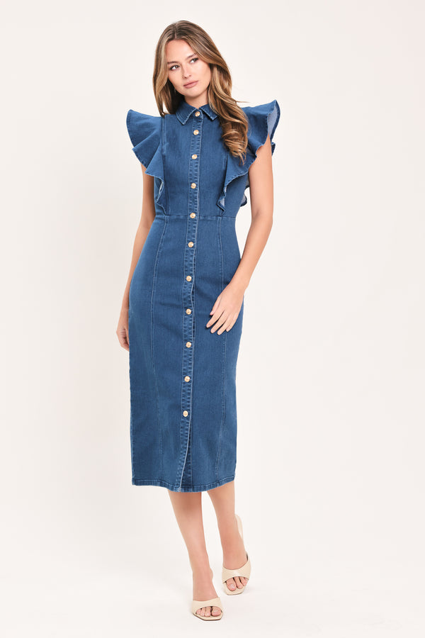 A woman wearing a blue denim midi dress with ruffled cap sleeves, a button-down front, and a pointed collar | Flying Tomato