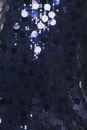 Woman wearing a navy spaghetti strap, square neck sequin mini dress | Flying Tomato