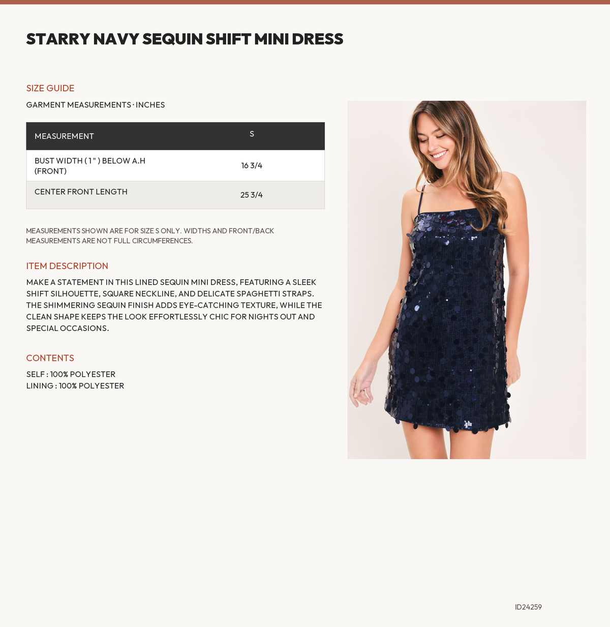STARRY NAVY SEQUIN SHIFT MINI DRESS size chart