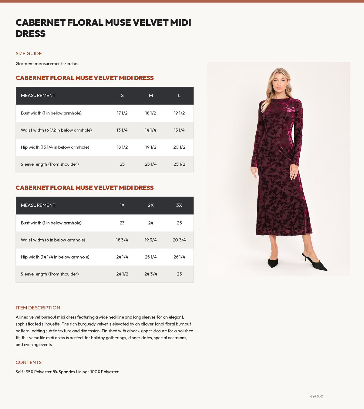 CABERNET FLORAL MUSE VELVET MIDI DRESS size chart