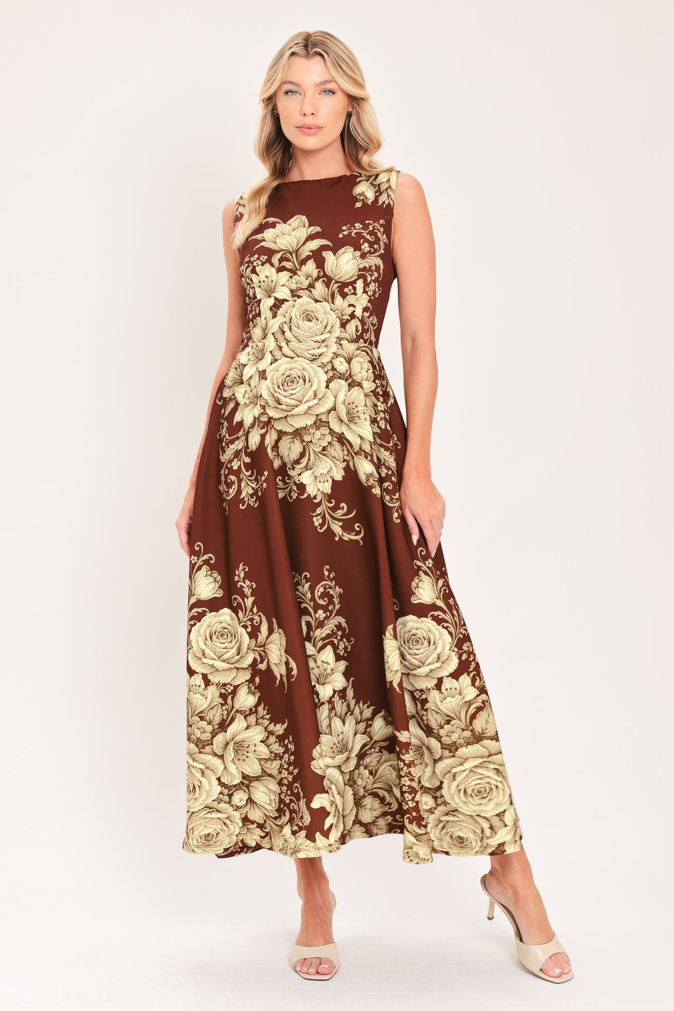 A sleeveless A-line midi dress in dark brown/burnt terracotta with a large beige rose and floral baroque pattern | Flying Tomato