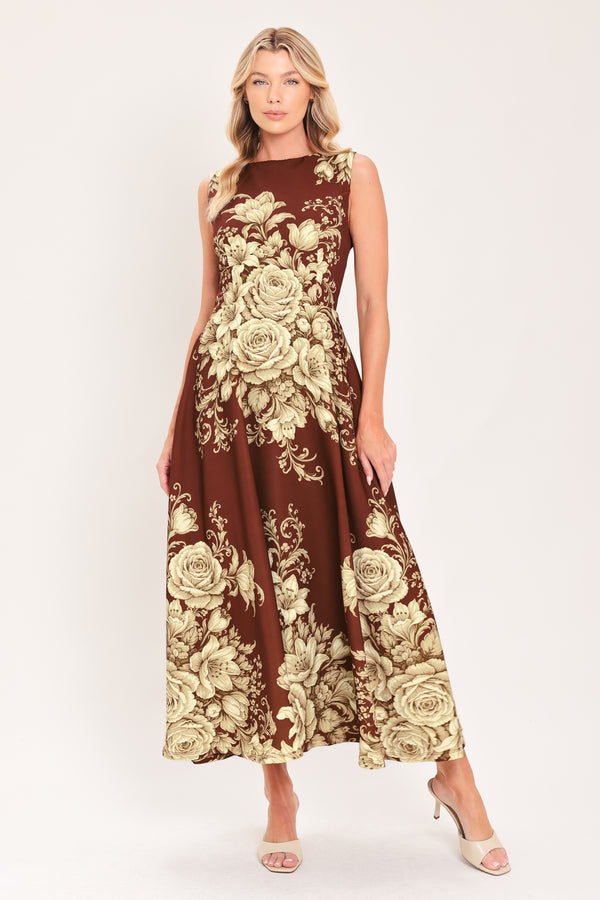 A sleeveless A-line midi dress in dark brown/burnt terracotta with a large beige rose and floral baroque pattern | Flying Tomato